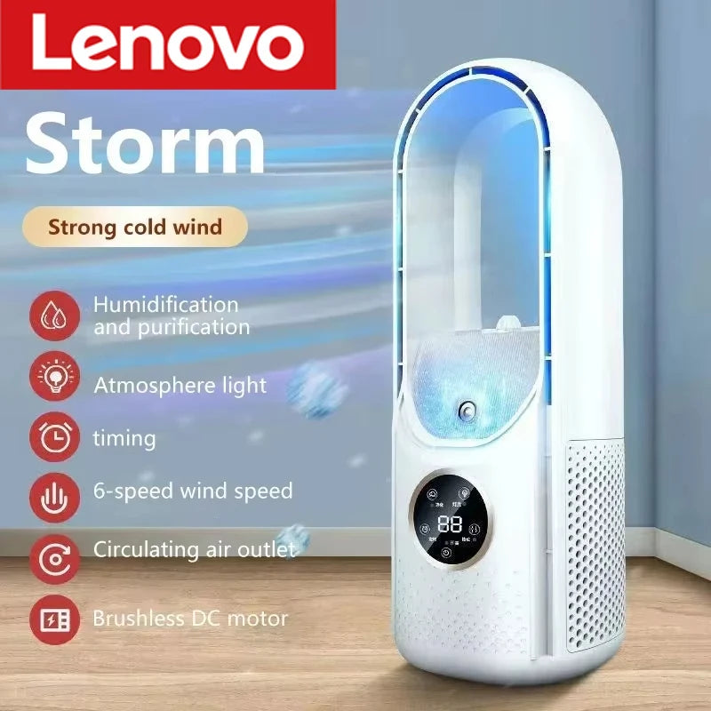 Ventilateur sans pales électrique USB Lenovo, mini climatiseur 6 vitesses, ventilateur portable de bureau sans pales avec humidification